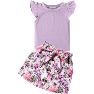 Arshiner Toddler Girl’s Skirt Sets Summer 2 Pieces Outfits Ruffle Sleeveless Tops and Belt Skirts with Pocket Clothing Set(Purple&floral)