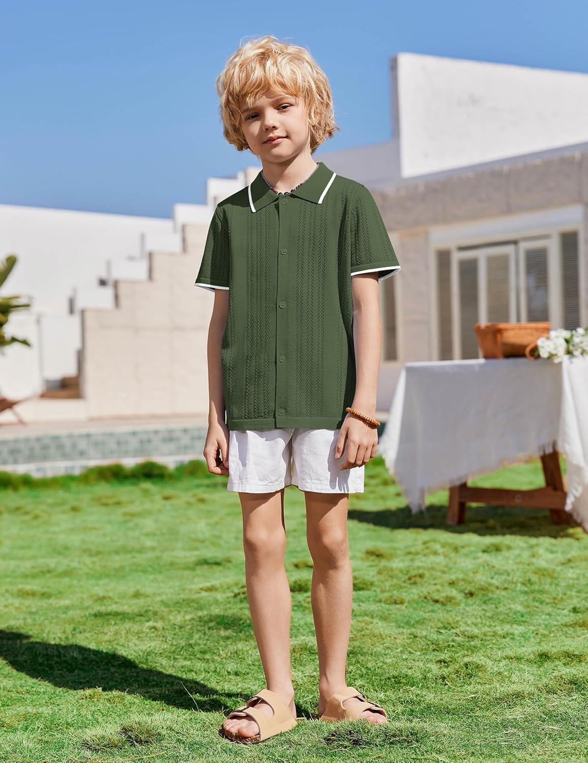 image:imageArshiner Boys Button Down Shirt Short Sleeve Knit Shirt Summer Vintage Fashion Casual Beach Shirts for Kids 314 YearsArmy Green