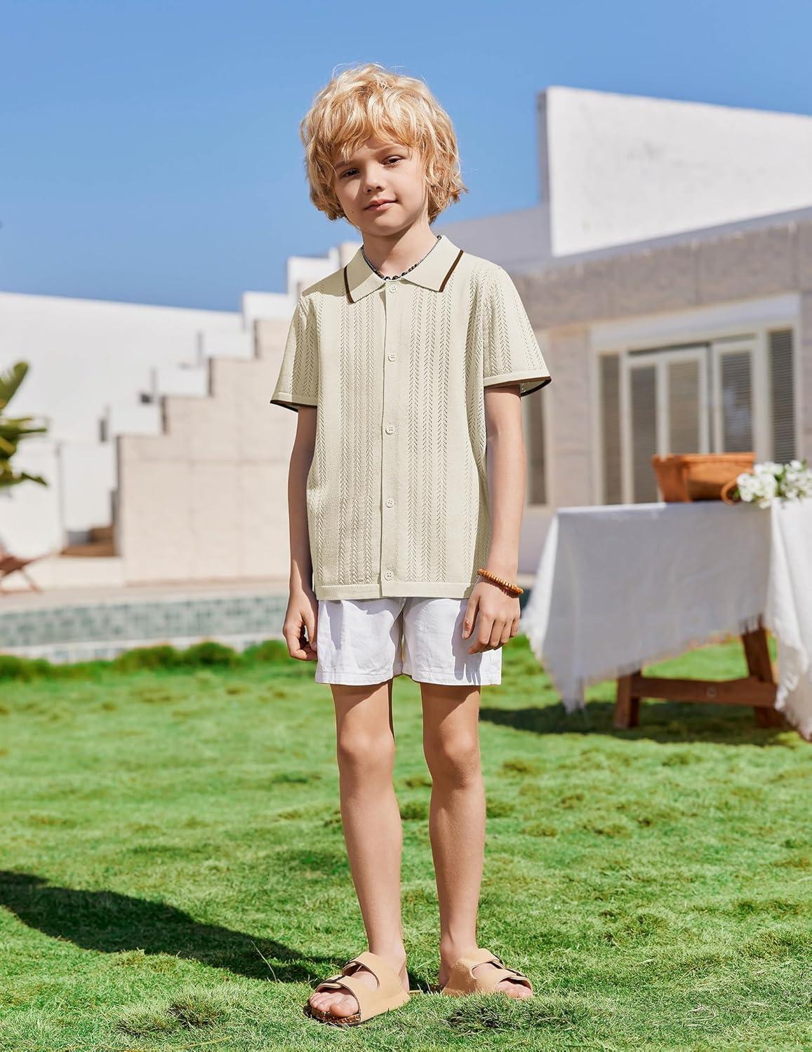 image:imageArshiner Boys Button Down Shirt Short Sleeve Knit Shirt Summer Vintage Fashion Casual Beach Shirts for Kids 314 YearsBeige