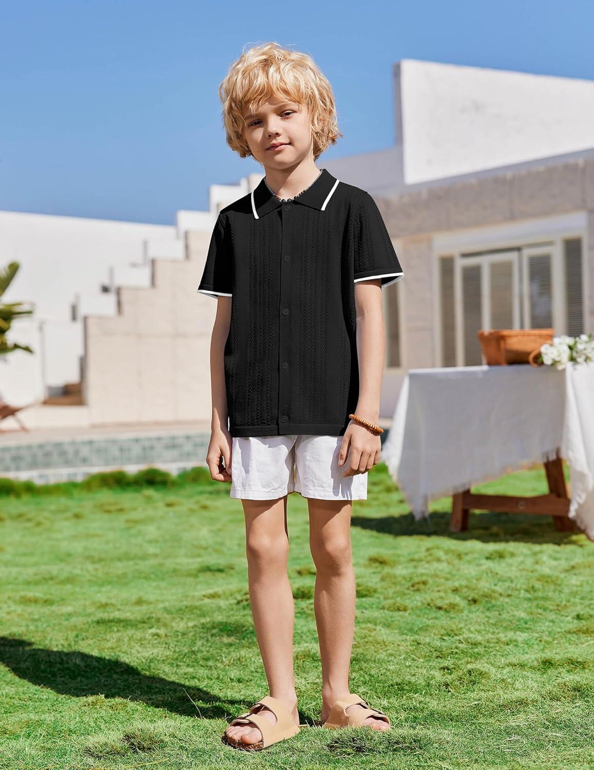image:imageArshiner Boys Button Down Shirt Short Sleeve Knit Shirt Summer Vintage Fashion Casual Beach Shirts for Kids 314 YearsBlack