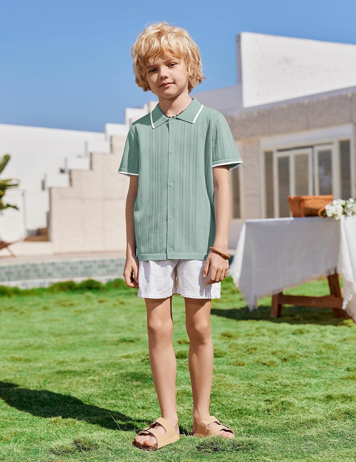 image:imageArshiner Boys Button Down Shirt Short Sleeve Knit Shirt Summer Vintage Fashion Casual Beach Shirts for Kids 314 YearsIce Green