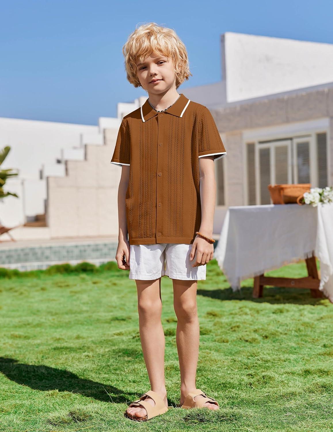 image:imageArshiner Boys Button Down Shirt Short Sleeve Knit Shirt Summer Vintage Fashion Casual Beach Shirts for Kids 314 YearsLight Brown