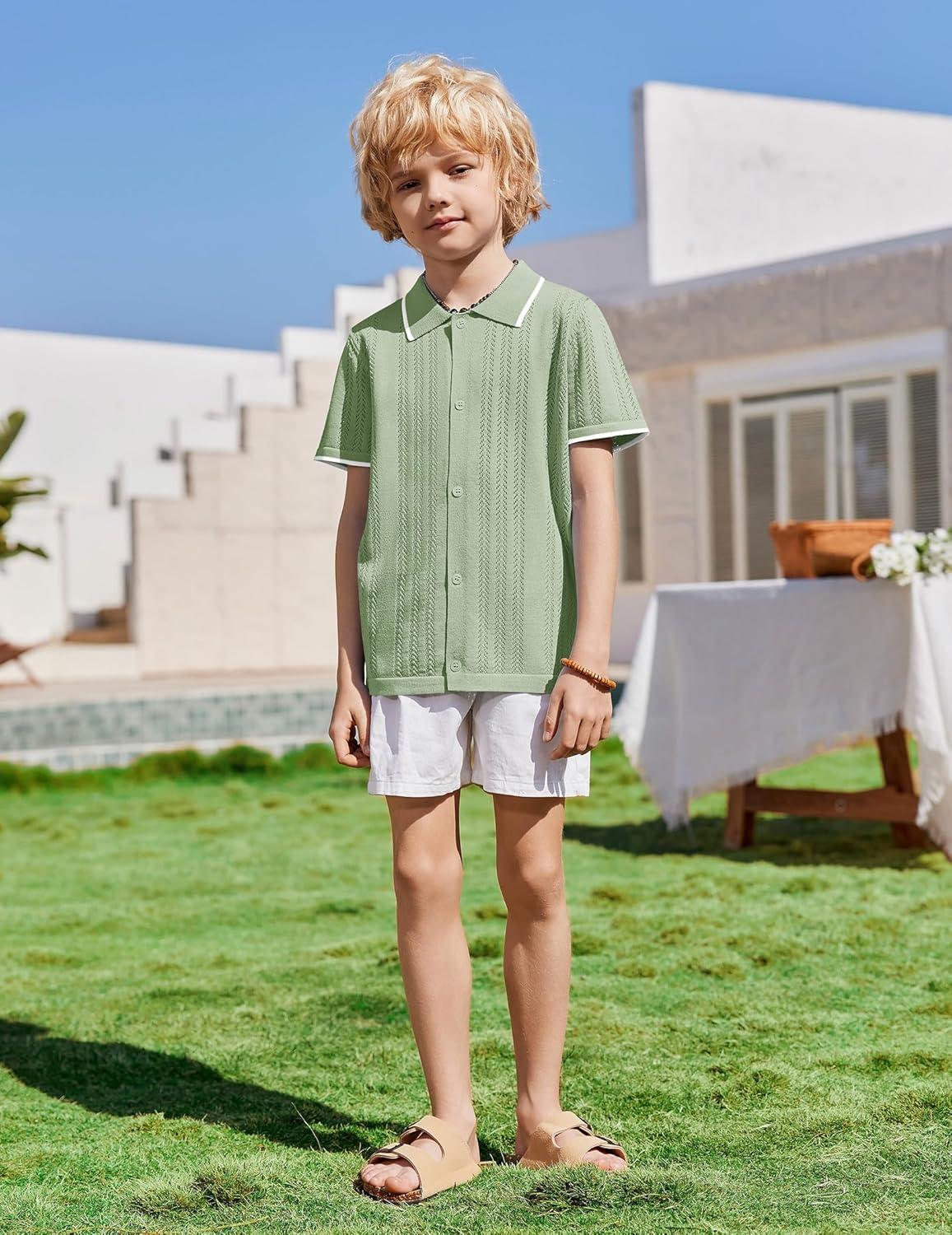 image:imageArshiner Boys Button Down Shirt Short Sleeve Knit Shirt Summer Vintage Fashion Casual Beach Shirts for Kids 314 YearsLight Green