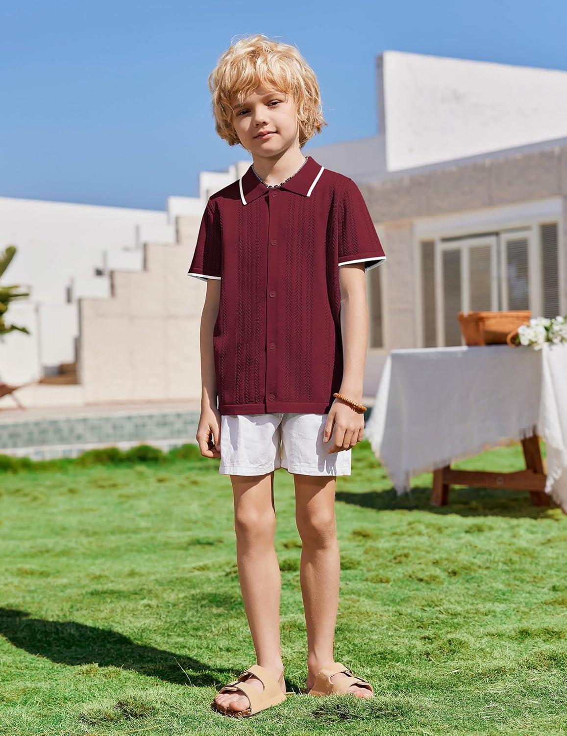 image:imageArshiner Boys Button Down Shirt Short Sleeve Knit Shirt Summer Vintage Fashion Casual Beach Shirts for Kids 314 YearsWine Red