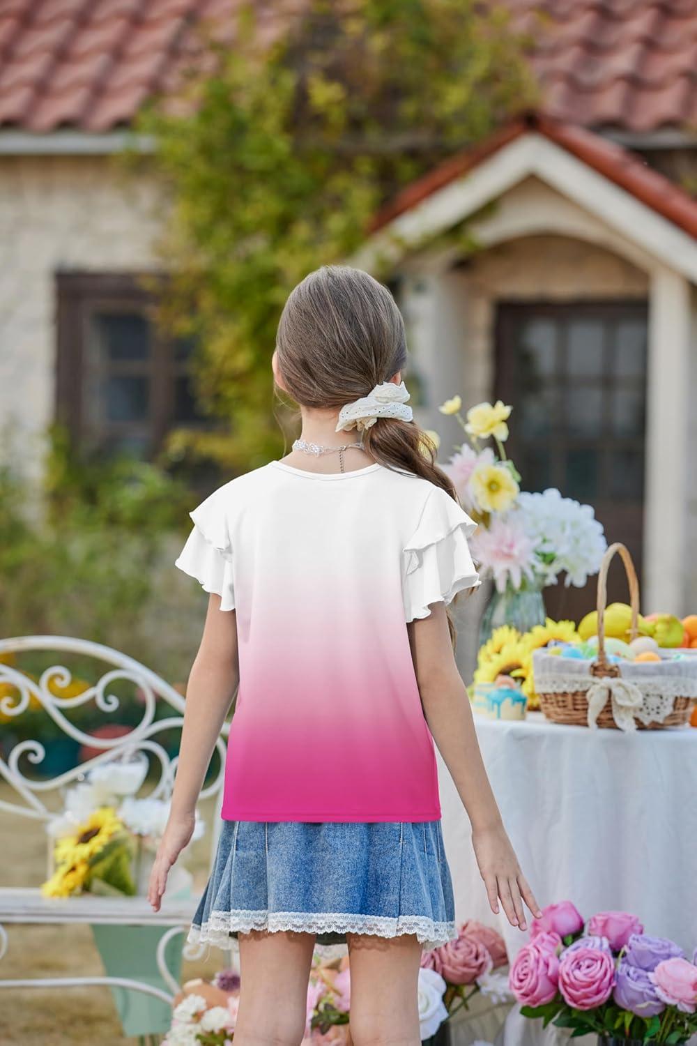 image:imageArshiner Girls Ruffle Short Sleeve T Shirts Cute Little V Neck Tops Kids Summer Casual Blouses Clothes 512 YearsGradient Rose Pink
