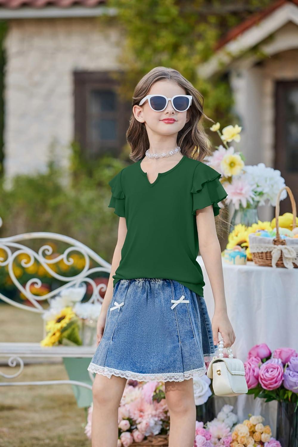 image:imageArshiner Girls Ruffle Short Sleeve T Shirts Cute Little V Neck Tops Kids Summer Casual Blouses Clothes 512 YearsGreen