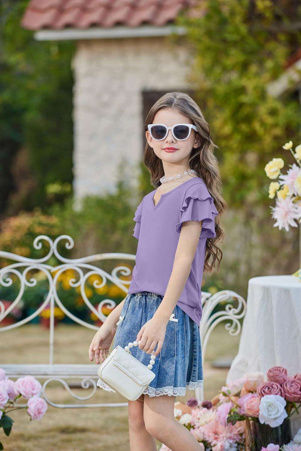image:imageArshiner Girls Ruffle Short Sleeve T Shirts Cute Little V Neck Tops Kids Summer Casual Blouses Clothes 512 YearsPurple