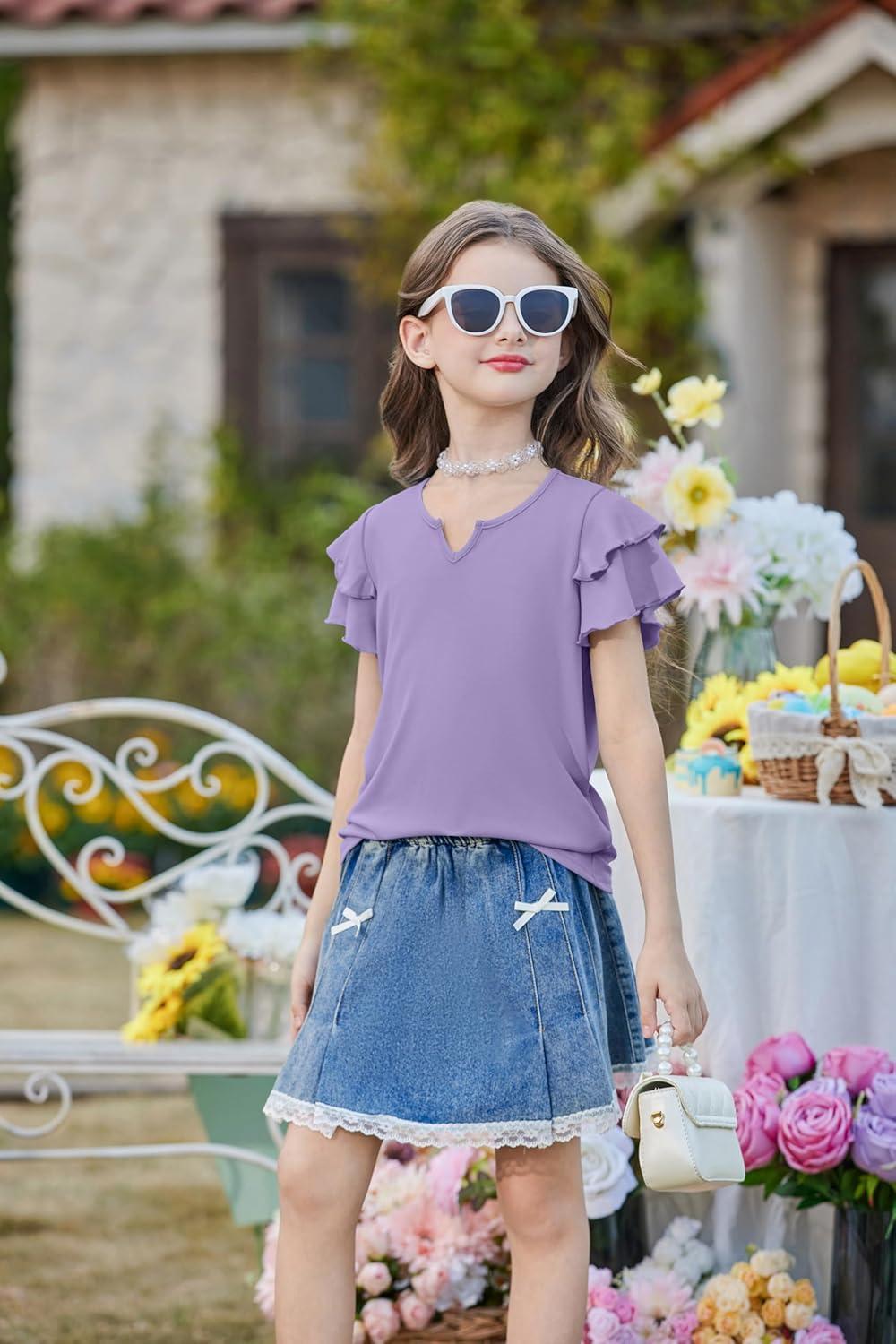 image:imageArshiner Girls Ruffle Short Sleeve T Shirts Cute Little V Neck Tops Kids Summer Casual Blouses Clothes 512 YearsPurple
