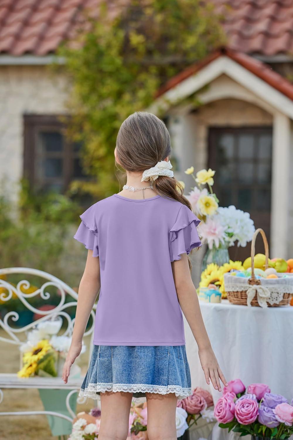 image:imageArshiner Girls Ruffle Short Sleeve T Shirts Cute Little V Neck Tops Kids Summer Casual Blouses Clothes 512 YearsPurple
