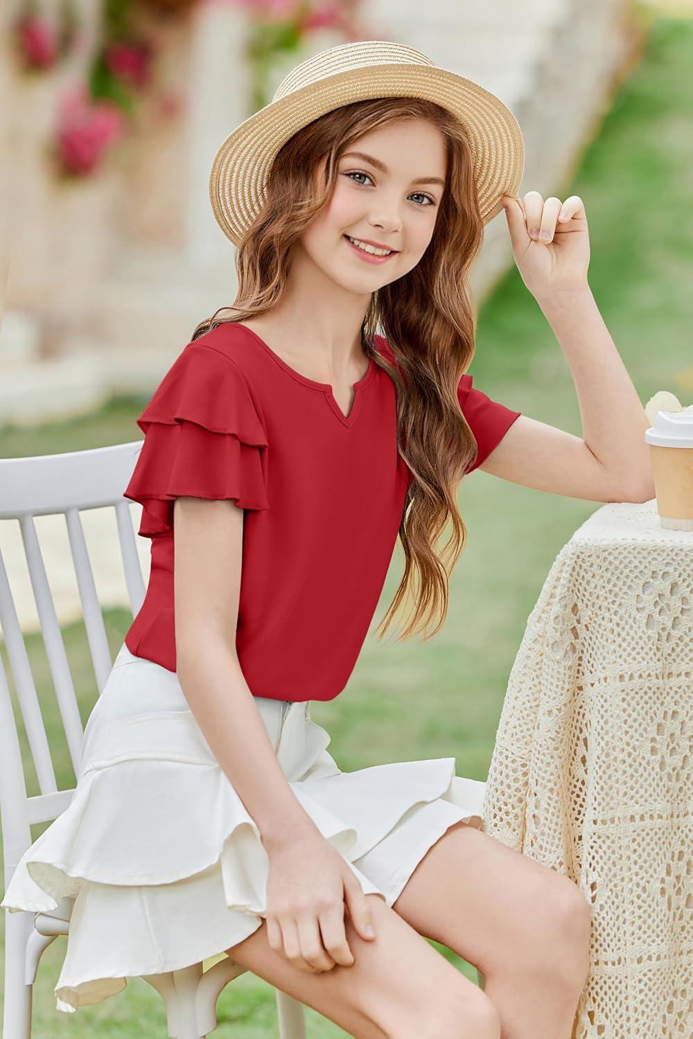 image:imageArshiner Girls Ruffle Short Sleeve T Shirts Cute Little V Neck Tops Kids Summer Casual Blouses Clothes 512 YearsRed