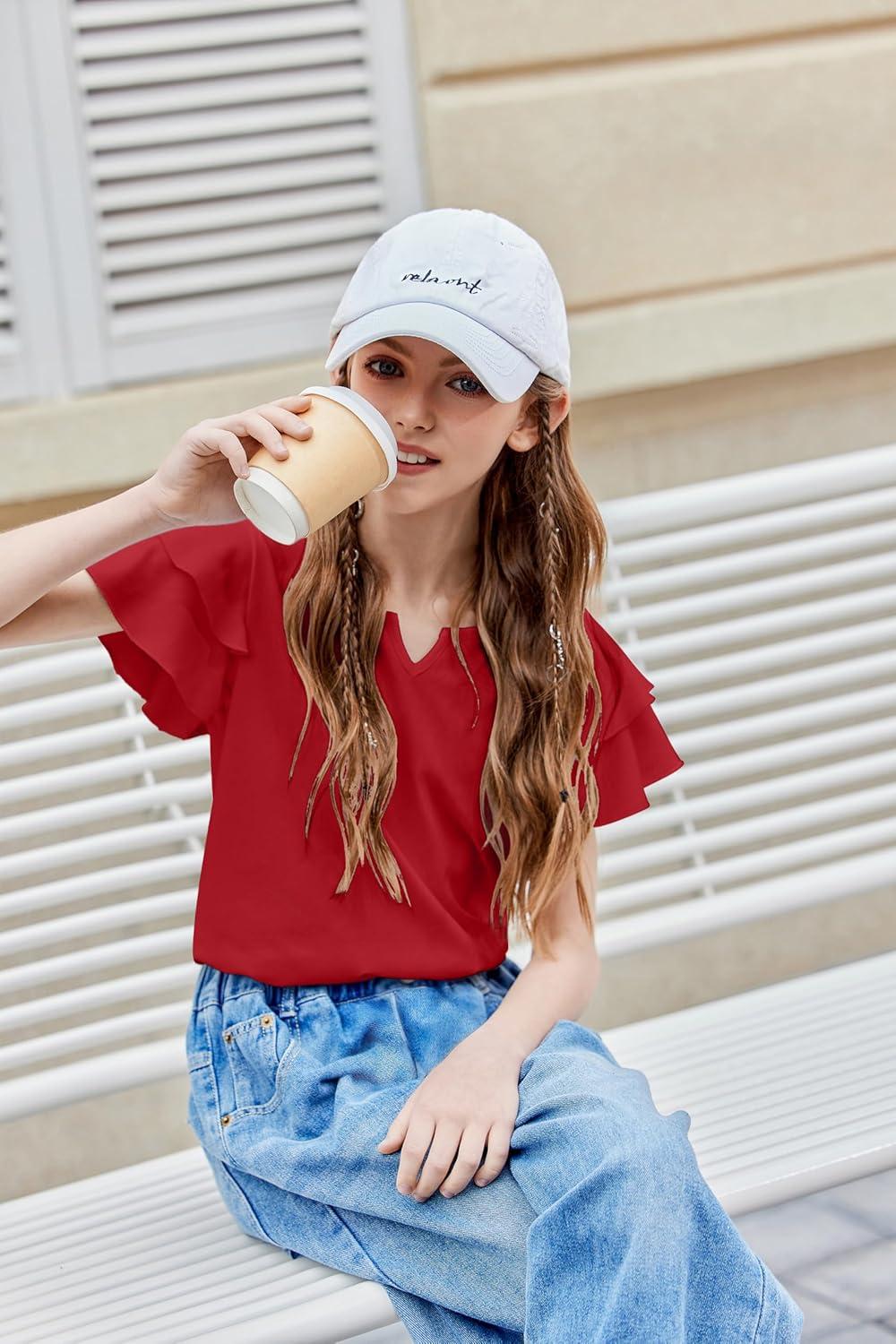 image:imageArshiner Girls Ruffle Short Sleeve T Shirts Cute Little V Neck Tops Kids Summer Casual Blouses Clothes 512 YearsRed