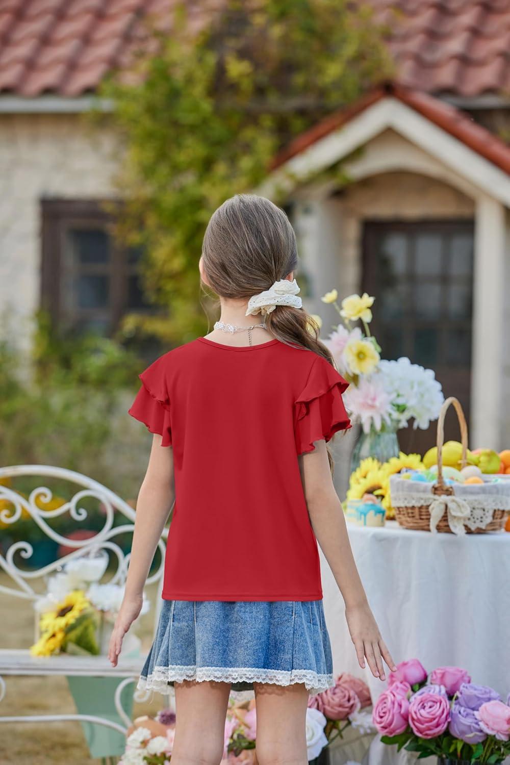 image:imageArshiner Girls Ruffle Short Sleeve T Shirts Cute Little V Neck Tops Kids Summer Casual Blouses Clothes 512 YearsRed