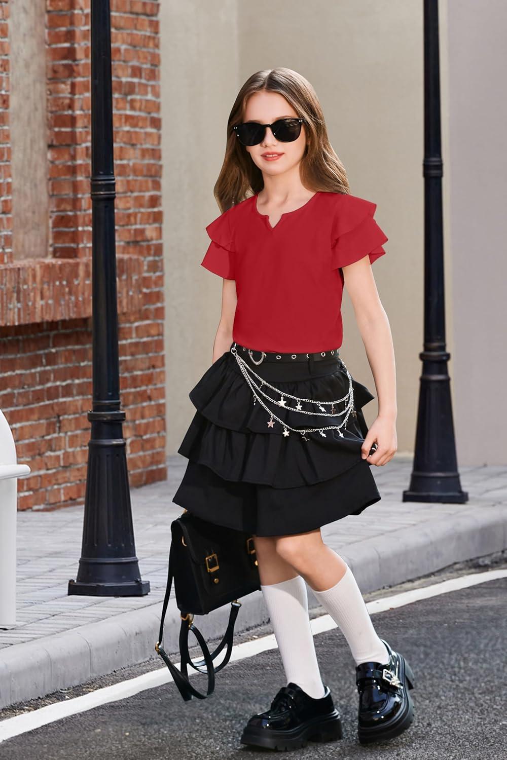 image:imageArshiner Girls Ruffle Short Sleeve T Shirts Cute Little V Neck Tops Kids Summer Casual Blouses Clothes 512 YearsRed