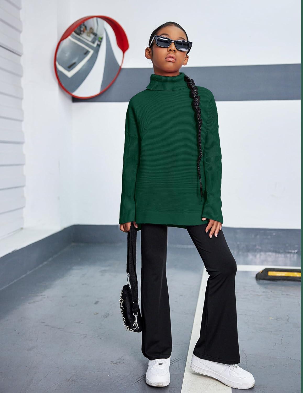 image:imageArshiner Girls Sweaters Turtleneck Kids Tunic Long Sleeve Knit Chunky Pullover Jumper TopsGreen