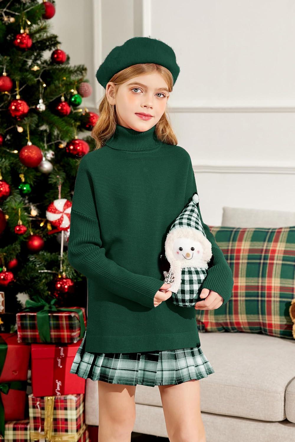 image:imageArshiner Girls Sweaters Turtleneck Kids Tunic Long Sleeve Knit Chunky Pullover Jumper TopsGreen