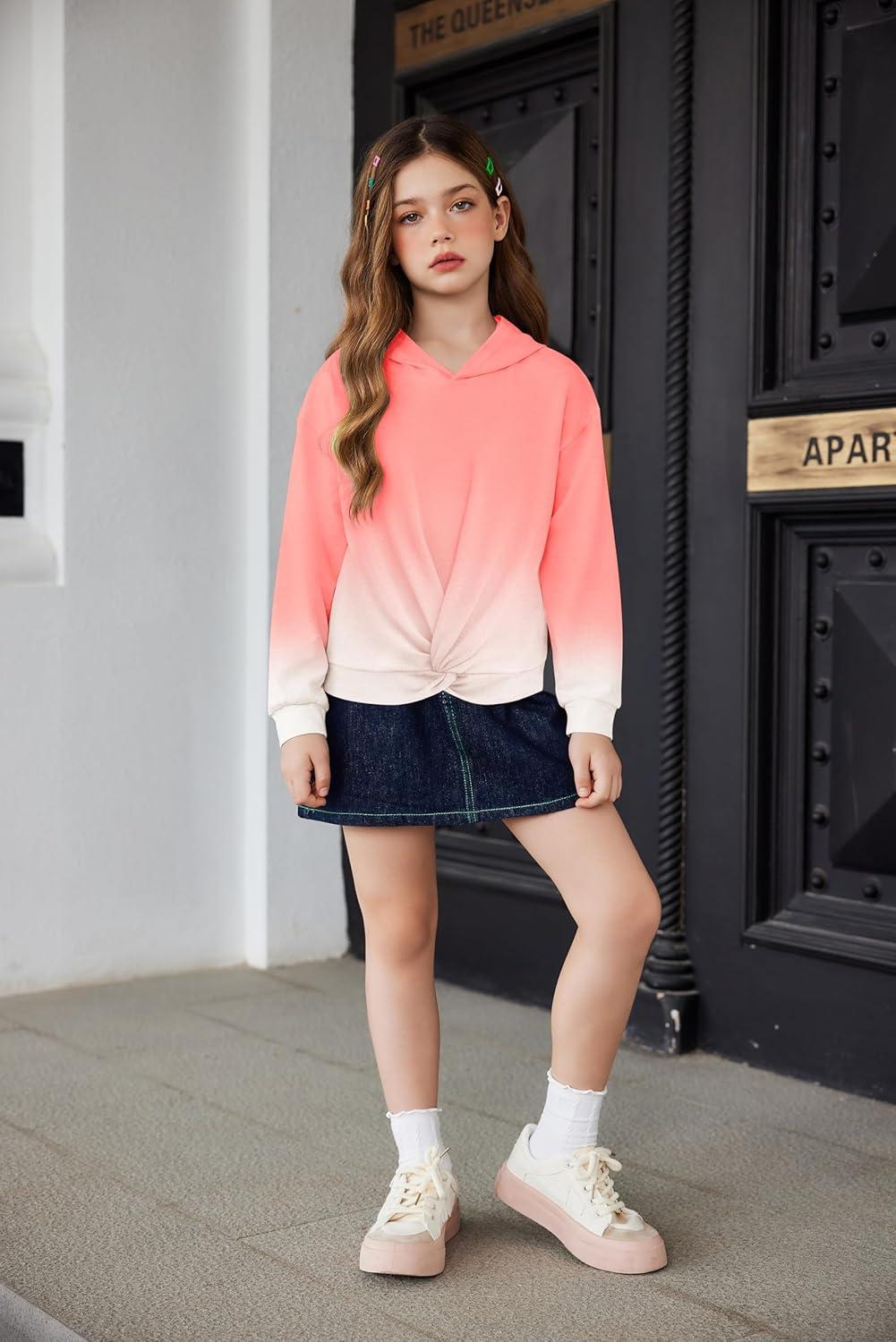 image:imageArshiner Hoodies for Teen Girls Twist Front Tie Dye Hooded Sweatshirt Casual Long Sleeve Tops Clothes for 513 YearsCoral White