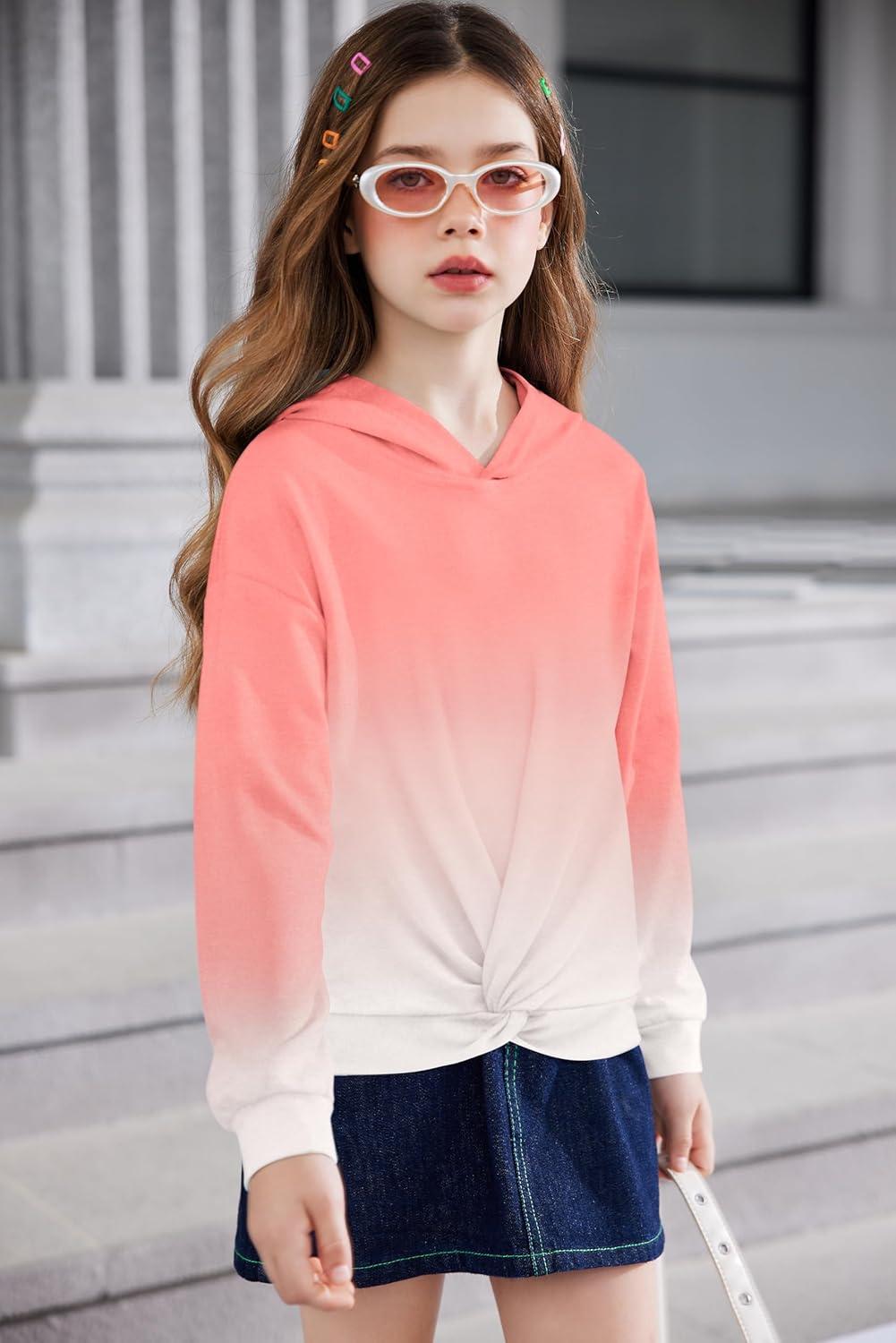 image:imageArshiner Hoodies for Teen Girls Twist Front Tie Dye Hooded Sweatshirt Casual Long Sleeve Tops Clothes for 513 YearsCoral White