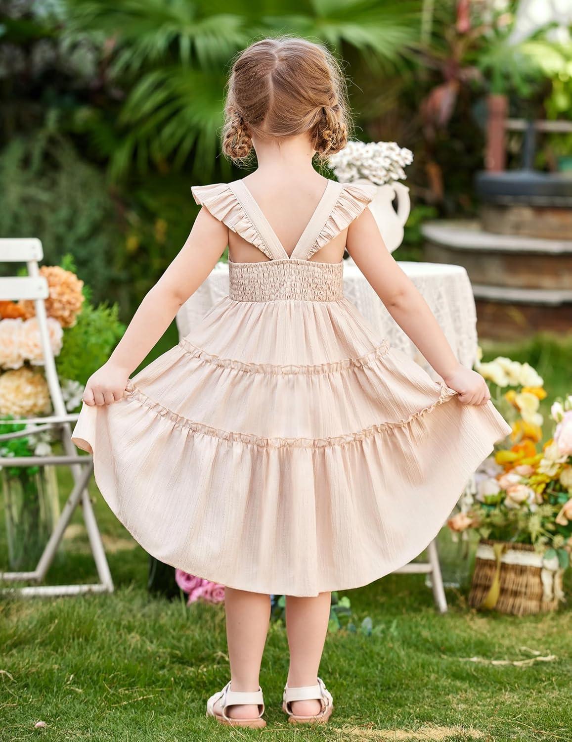 image:imageArshiner Toddler Girls Dress Ruffle HighLow Hem Smocked Dresses Summer Beach Butterfly Sundress with PocketBeige
