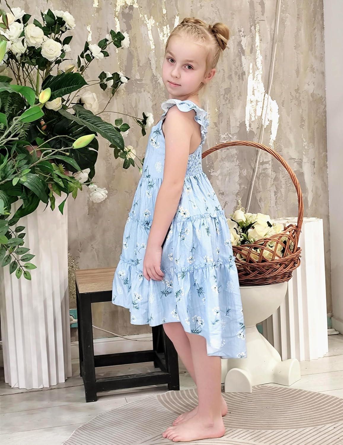 image:imageArshiner Toddler Girls Dress Ruffle HighLow Hem Smocked Dresses Summer Beach Butterfly Sundress with PocketBlue Floral