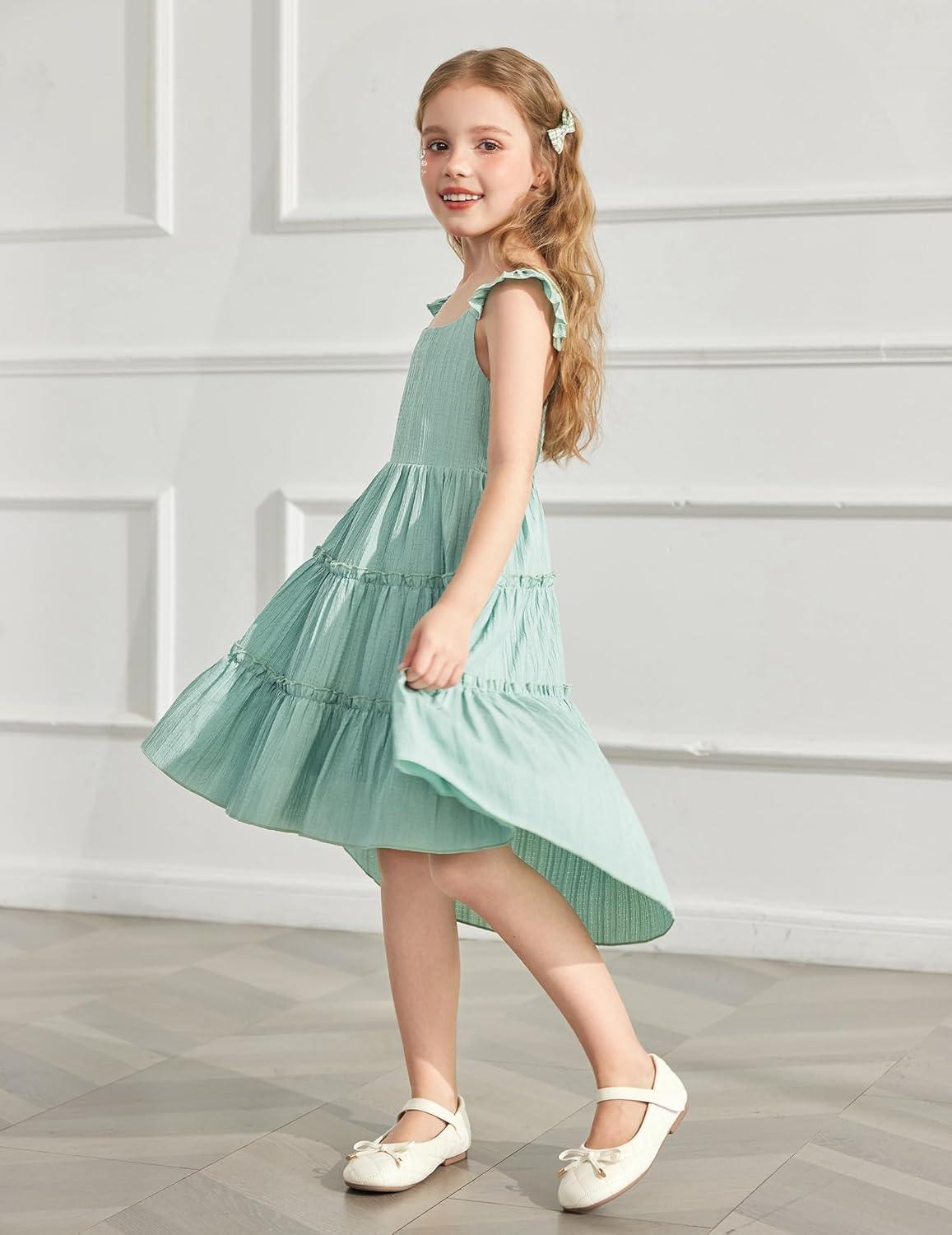 image:imageArshiner Toddler Girls Dress Ruffle HighLow Hem Smocked Dresses Summer Beach Butterfly Sundress with PocketGreen