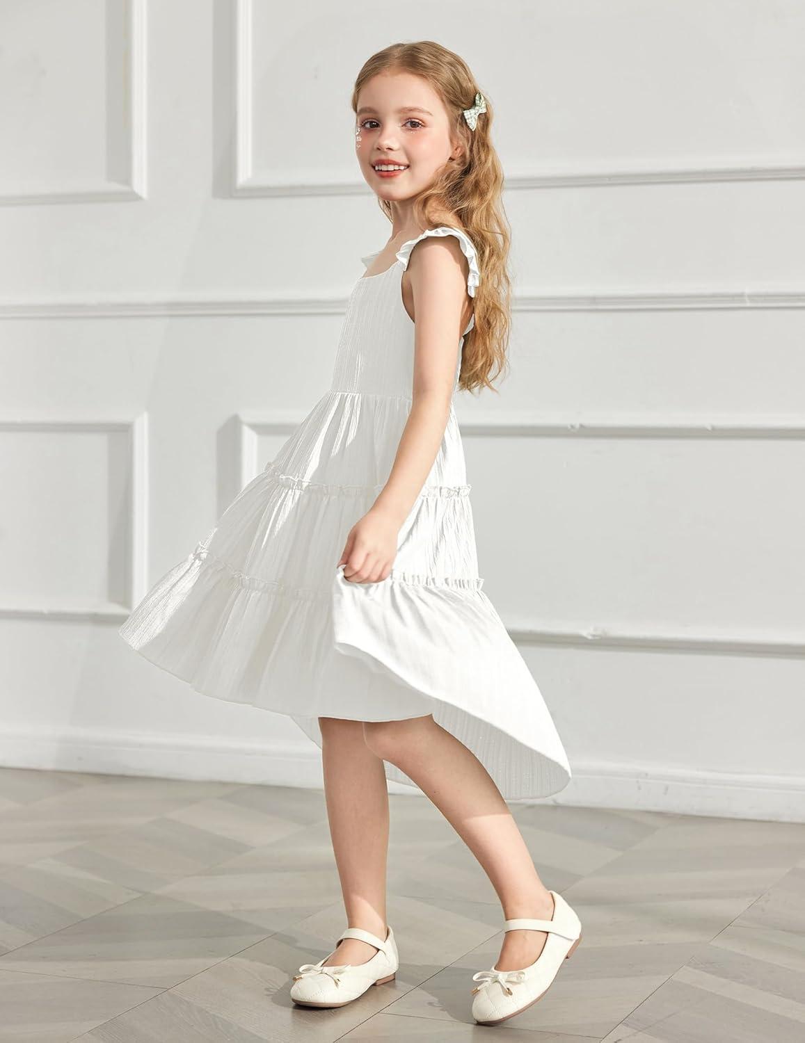 image:imageArshiner Toddler Girls Dress Ruffle HighLow Hem Smocked Dresses Summer Beach Butterfly Sundress with PocketWhite
