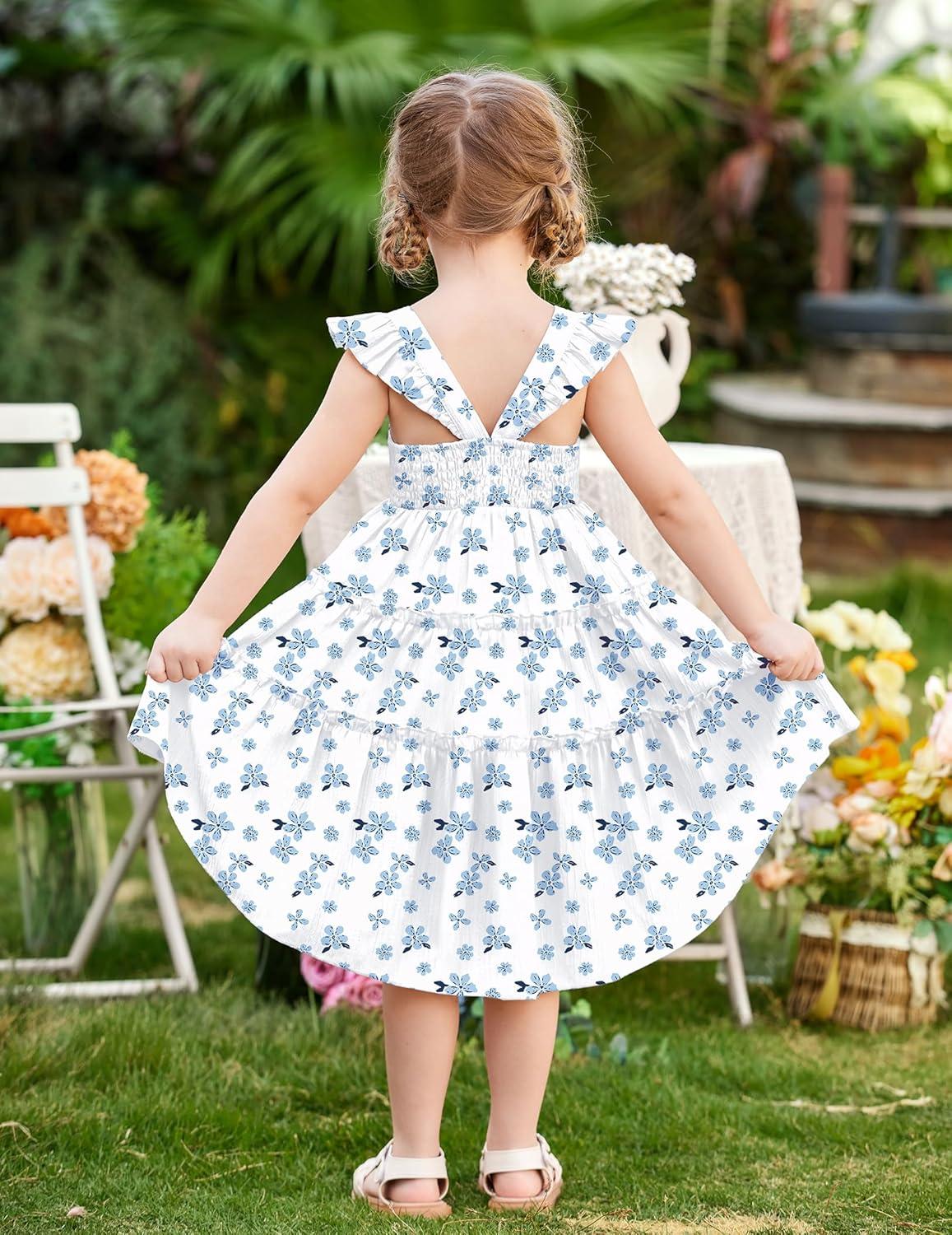 image:imageArshiner Toddler Girls Dress Ruffle HighLow Hem Smocked Dresses Summer Beach Butterfly Sundress with PocketWhite Blue Floral