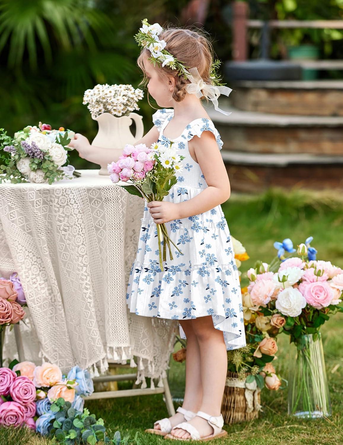 image:imageArshiner Toddler Girls Dress Ruffle HighLow Hem Smocked Dresses Summer Beach Butterfly Sundress with PocketWhite Blue Floral