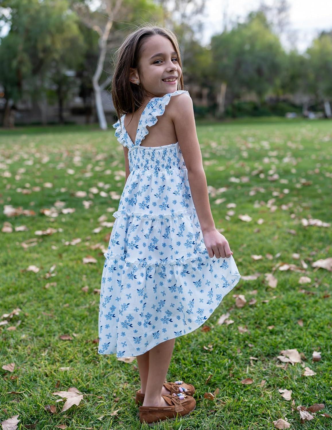 image:imageArshiner Toddler Girls Dress Ruffle HighLow Hem Smocked Dresses Summer Beach Butterfly Sundress with PocketWhite Blue Floral