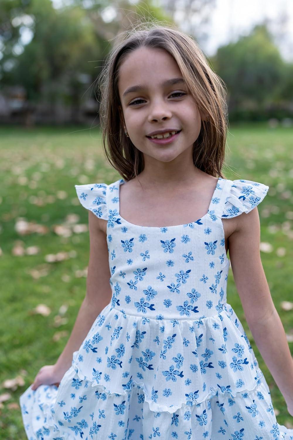 image:imageArshiner Toddler Girls Dress Ruffle HighLow Hem Smocked Dresses Summer Beach Butterfly Sundress with PocketWhite Blue Floral