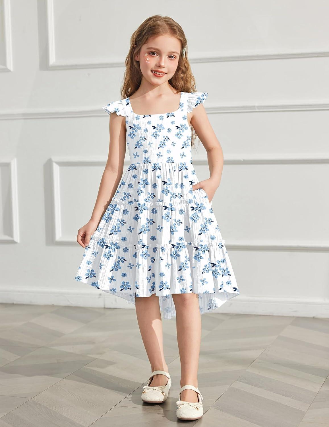 image:imageArshiner Toddler Girls Dress Ruffle HighLow Hem Smocked Dresses Summer Beach Butterfly Sundress with PocketWhite Blue Floral