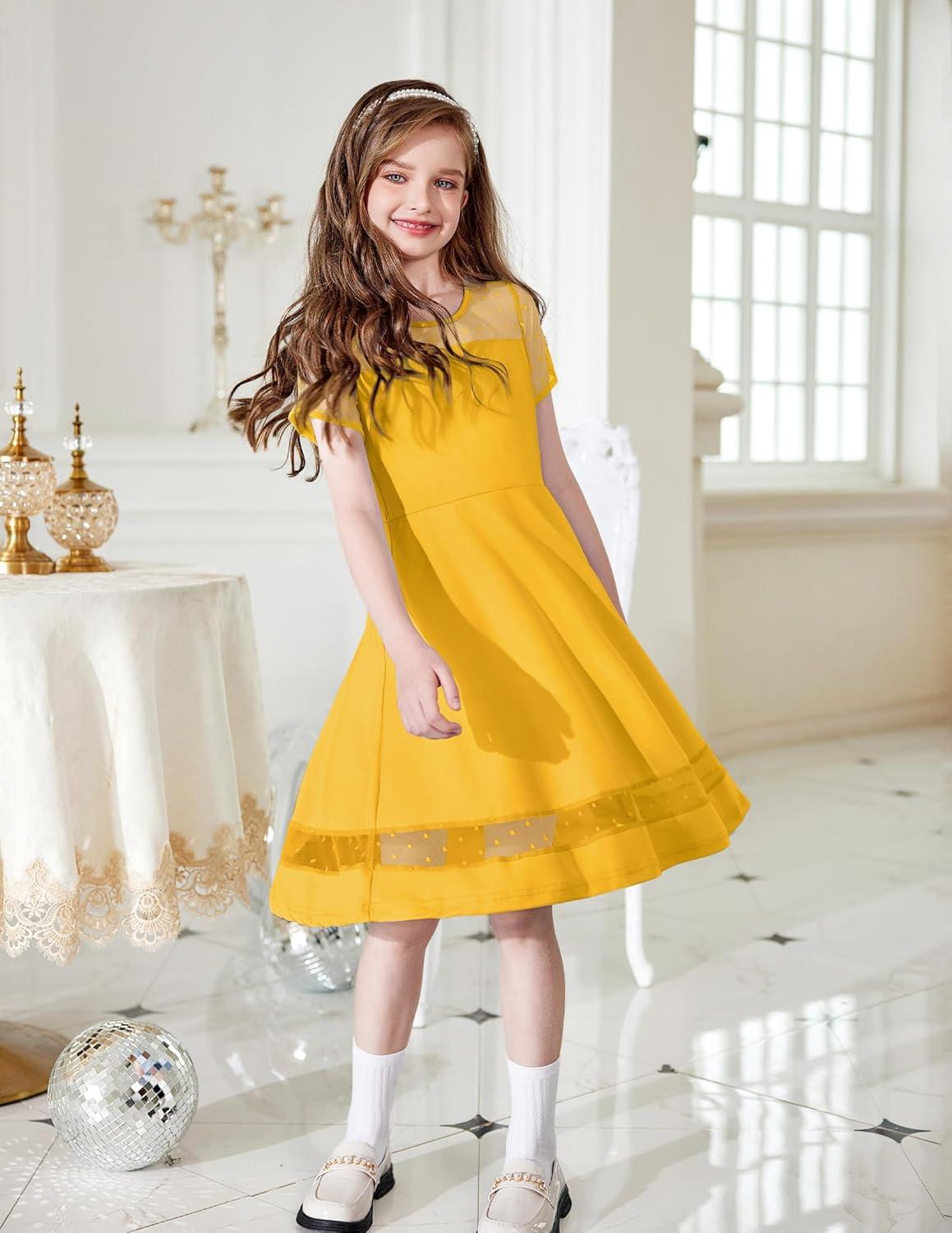 image:imageArshiner Tween Girls Dress Formal Contrast Mesh Short Sleeve A Line Party Dresses with Pockets for 512 YearsYellow