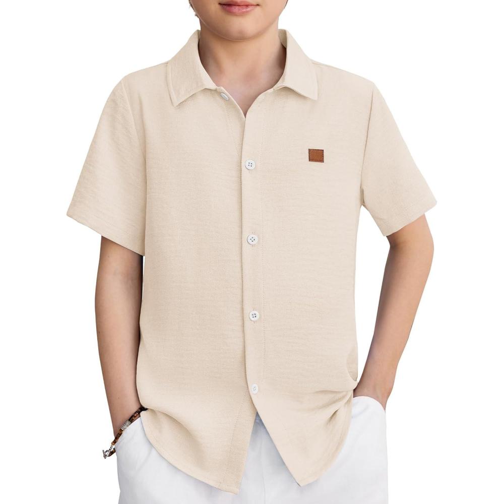 image:imageArshiner Boys Button Down Shirt Short Sleeve Collar Leather Patch Woven Shirts Size 412 YearsBeige