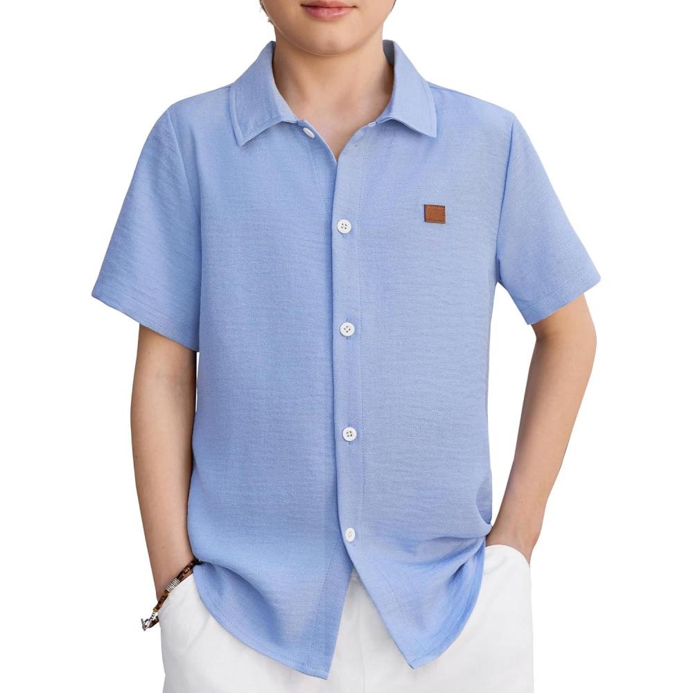 image:imageArshiner Boys Button Down Shirt Short Sleeve Collar Leather Patch Woven Shirts Size 412 YearsBlue