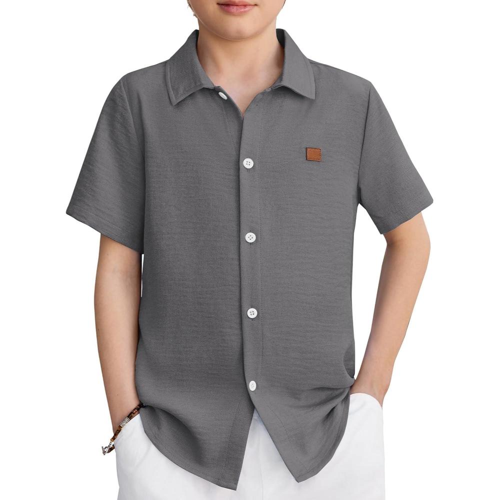 image:imageArshiner Boys Button Down Shirt Short Sleeve Collar Leather Patch Woven Shirts Size 412 YearsGranite Gray