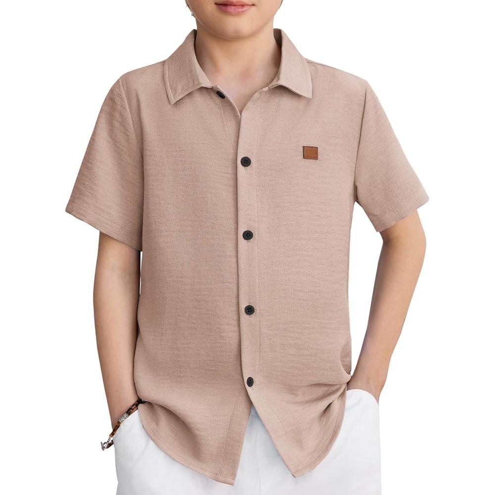 image:imageArshiner Boys Button Down Shirt Short Sleeve Collar Leather Patch Woven Shirts Size 412 YearsLight Brown