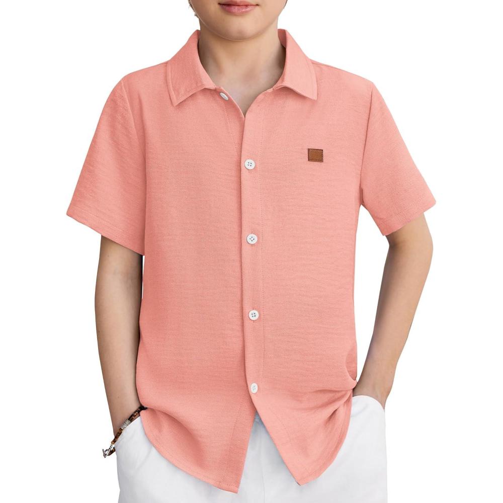 image:imageArshiner Boys Button Down Shirt Short Sleeve Collar Leather Patch Woven Shirts Size 412 YearsPinkish Orange