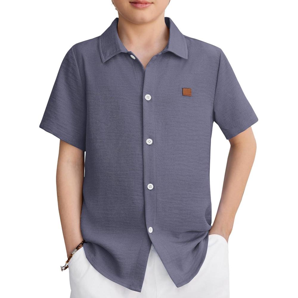 image:imageArshiner Boys Button Down Shirt Short Sleeve Collar Leather Patch Woven Shirts Size 412 YearsRock Gray