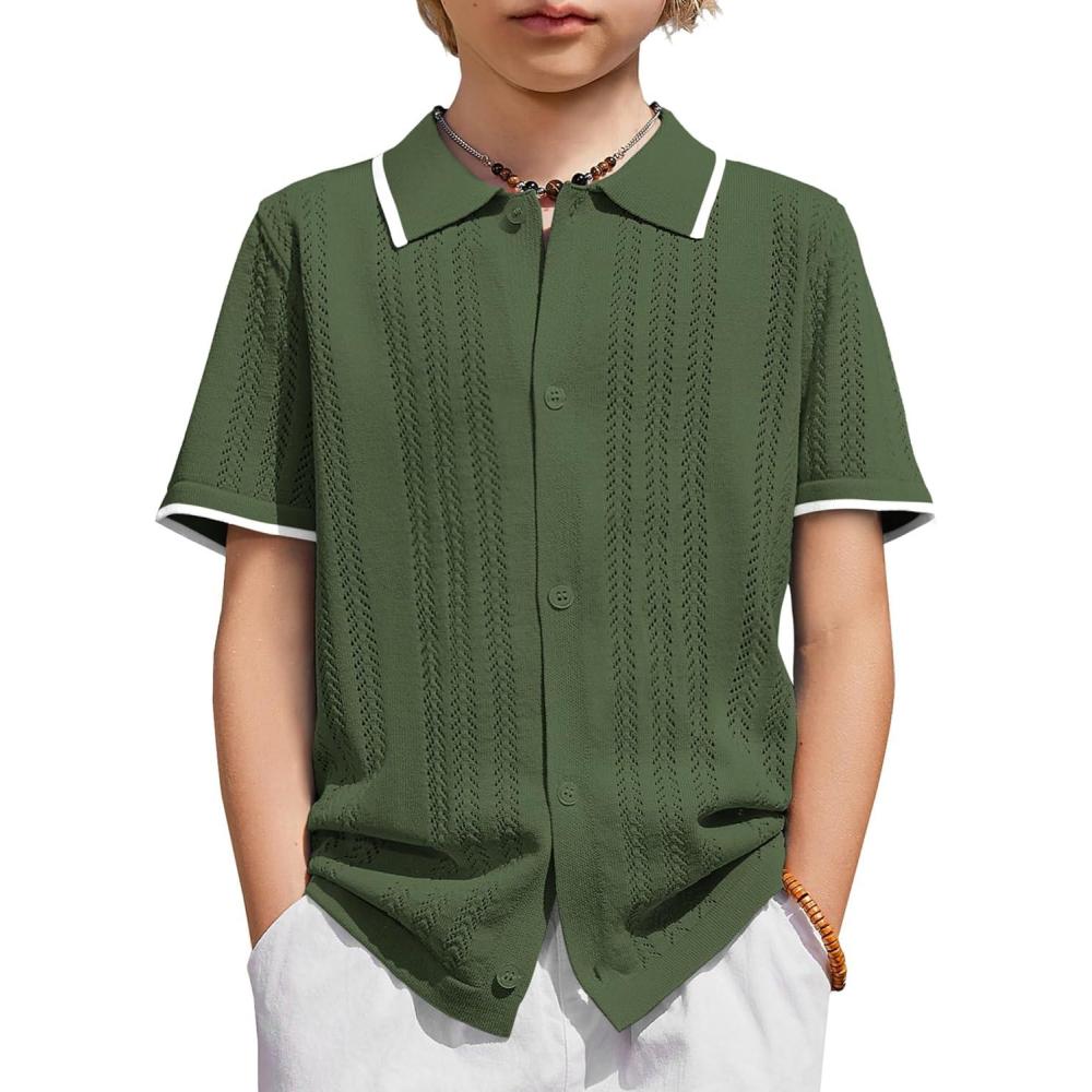 image:imageArshiner Boys Button Down Shirt Short Sleeve Knit Shirt Summer Vintage Fashion Casual Beach Shirts for Kids 314 YearsArmy Green