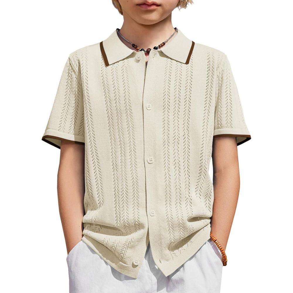 image:imageArshiner Boys Button Down Shirt Short Sleeve Knit Shirt Summer Vintage Fashion Casual Beach Shirts for Kids 314 YearsBeige