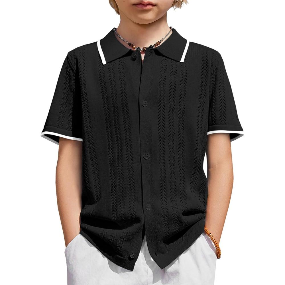 image:imageArshiner Boys Button Down Shirt Short Sleeve Knit Shirt Summer Vintage Fashion Casual Beach Shirts for Kids 314 YearsBlack
