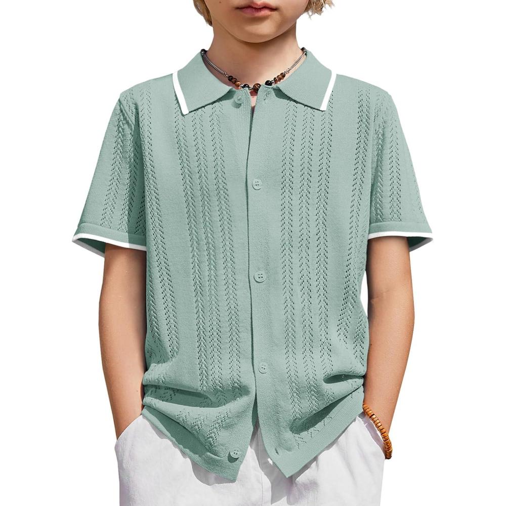 image:imageArshiner Boys Button Down Shirt Short Sleeve Knit Shirt Summer Vintage Fashion Casual Beach Shirts for Kids 314 YearsIce Green
