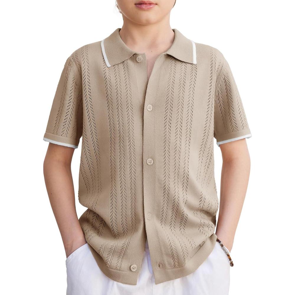 image:imageArshiner Boys Button Down Shirt Short Sleeve Knit Shirt Summer Vintage Fashion Casual Beach Shirts for Kids 314 YearsKhaki