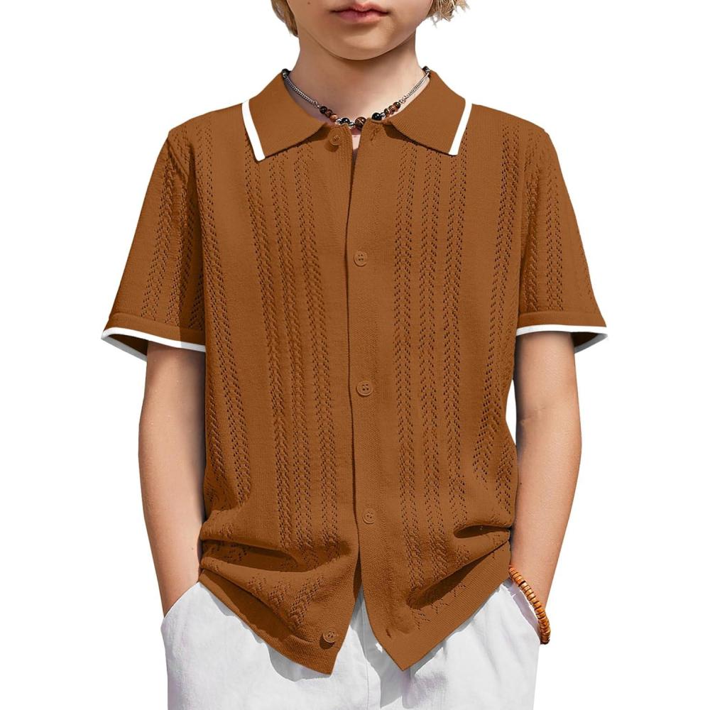 image:imageArshiner Boys Button Down Shirt Short Sleeve Knit Shirt Summer Vintage Fashion Casual Beach Shirts for Kids 314 YearsLight Brown