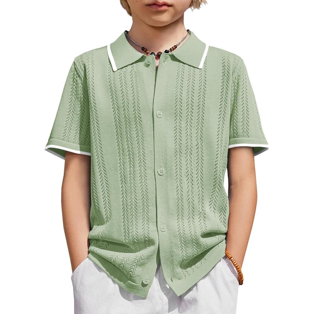 image:imageArshiner Boys Button Down Shirt Short Sleeve Knit Shirt Summer Vintage Fashion Casual Beach Shirts for Kids 314 YearsLight Green