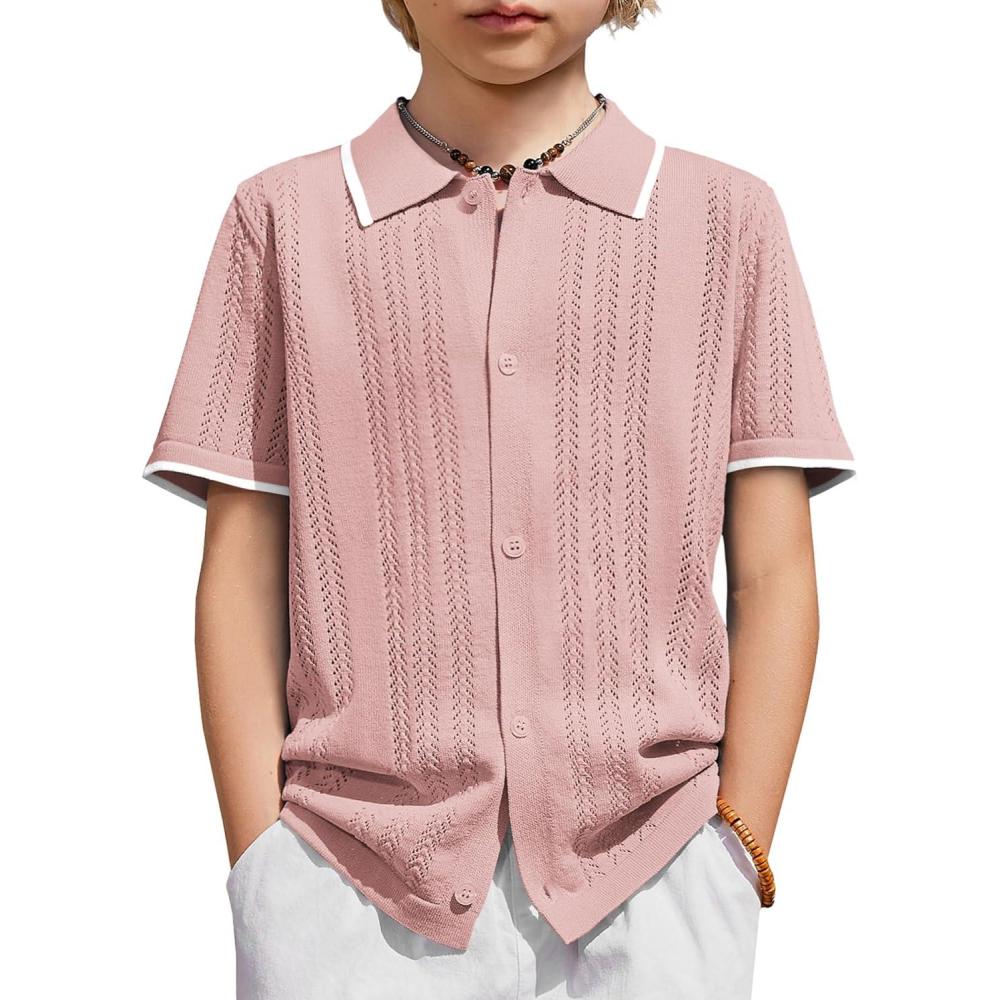 image:imageArshiner Boys Button Down Shirt Short Sleeve Knit Shirt Summer Vintage Fashion Casual Beach Shirts for Kids 314 YearsLight Pink