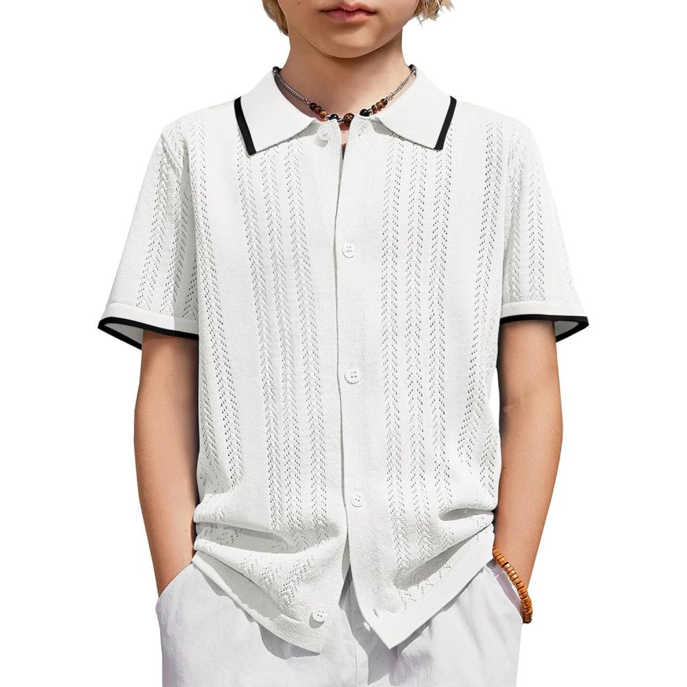 image:imageArshiner Boys Button Down Shirt Short Sleeve Knit Shirt Summer Vintage Fashion Casual Beach Shirts for Kids 314 YearsWhite