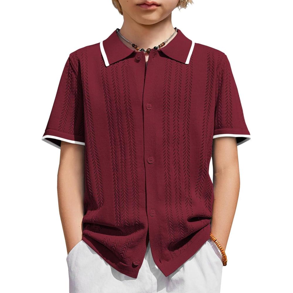 image:imageArshiner Boys Button Down Shirt Short Sleeve Knit Shirt Summer Vintage Fashion Casual Beach Shirts for Kids 314 YearsWine Red