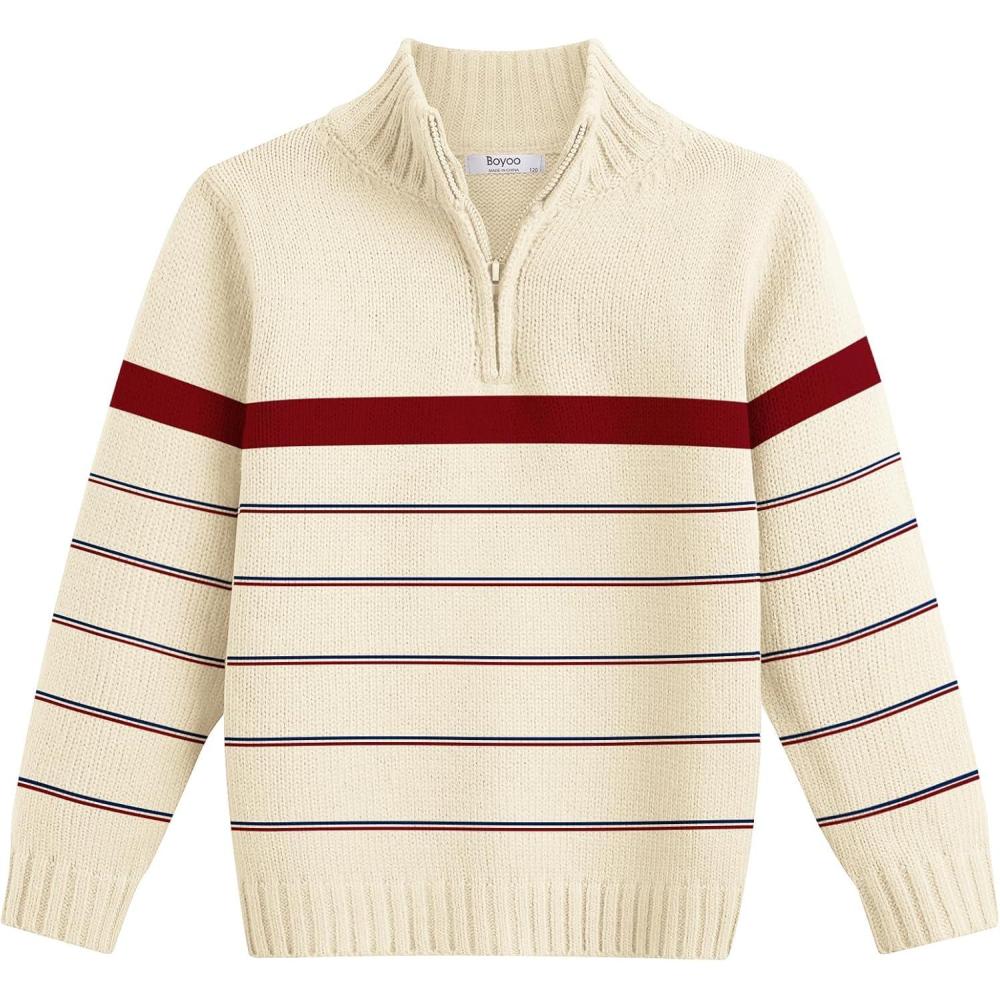 image:imageArshiner Boys Cable Knitted Sweater Half Zip Lightweight Casual Pullovers for Kids 312 YearsJersey Knit Off WhiteRed Srtiped