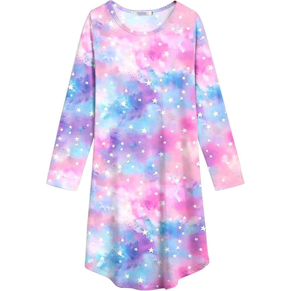 image:imageArshiner Girls Nightgowns Long Sleeve Print Pajamas Nightdress for Kids Soft Sleep Wear NightiesPurple Tiedye Stars