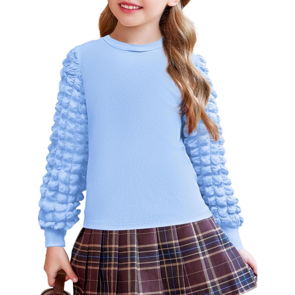 image:imageArshiner Girls Puff Long Sleeve Shirts Ribbed Knit Cute Casual Crewneck Tops Blouse TeeLight Blue